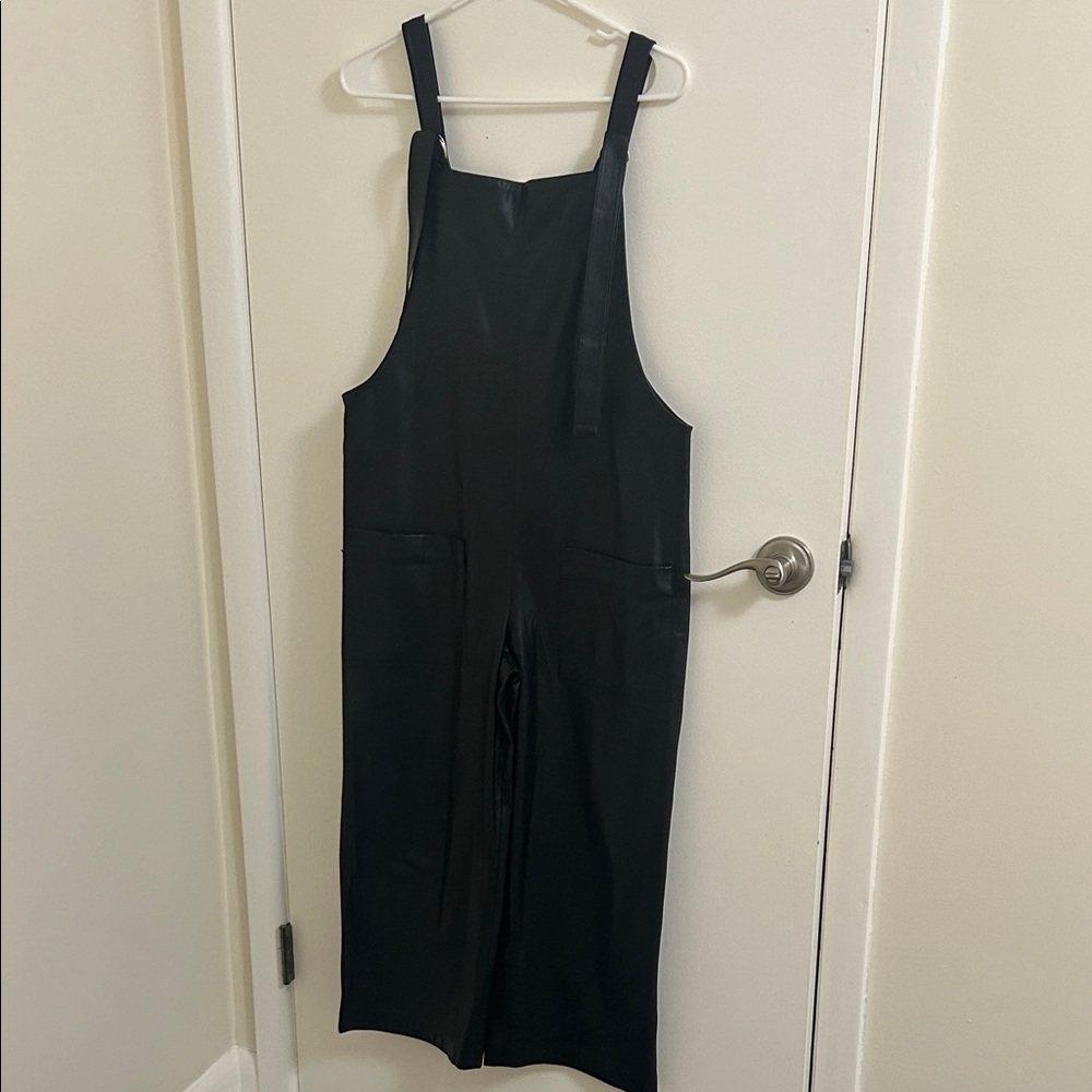 Black faux leather overalls